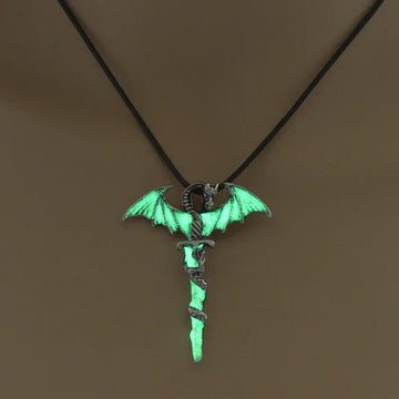 Glow-in-the-dark dragon pendant necklace with black cord, fantasy streetwear accessory