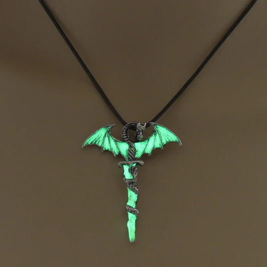 Glow-in-the-dark dragon pendant necklace with black cord, fantasy streetwear accessory