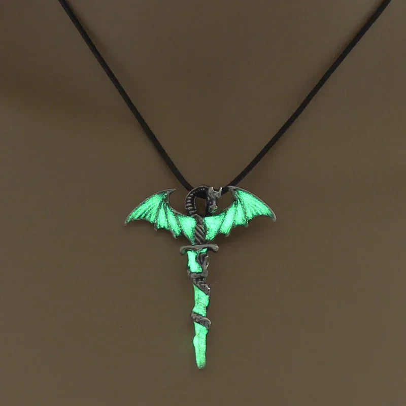 Glow in the dark dragon sword pendant necklace on black cord, gothic streetwear accessory