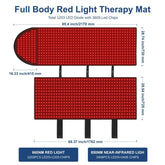 Full body red light therapy mat with LED diodes, rectangular design, and size dimensions displayed.