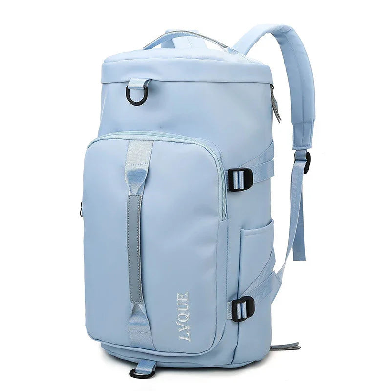 Light blue streetwear backpack with adjustable straps, front pocket, and nylon material