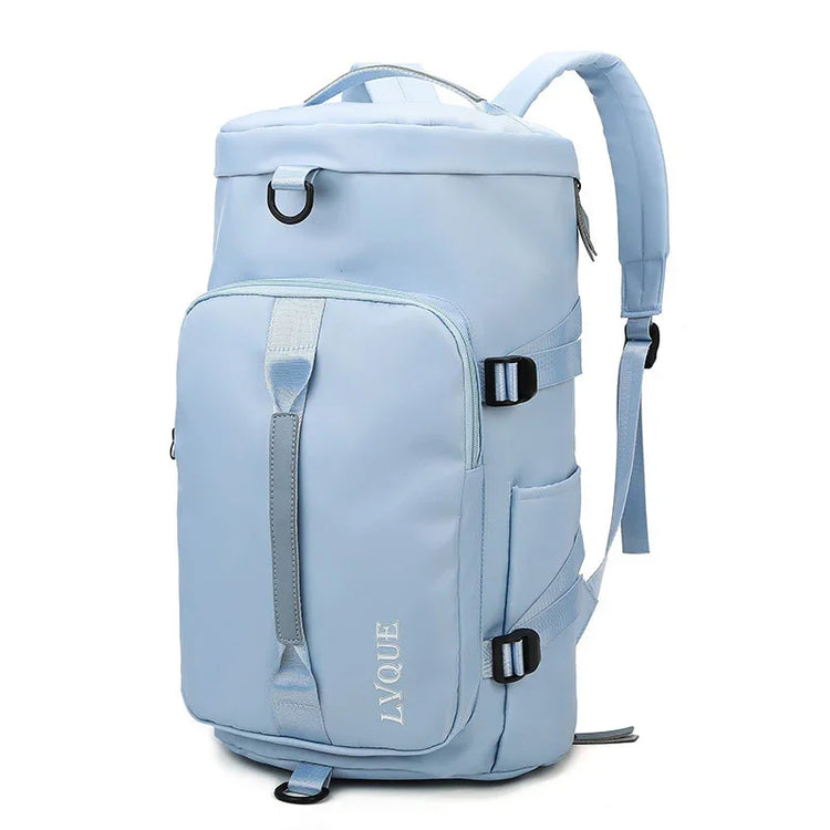 Light blue streetwear backpack with adjustable straps, front pocket, and nylon material