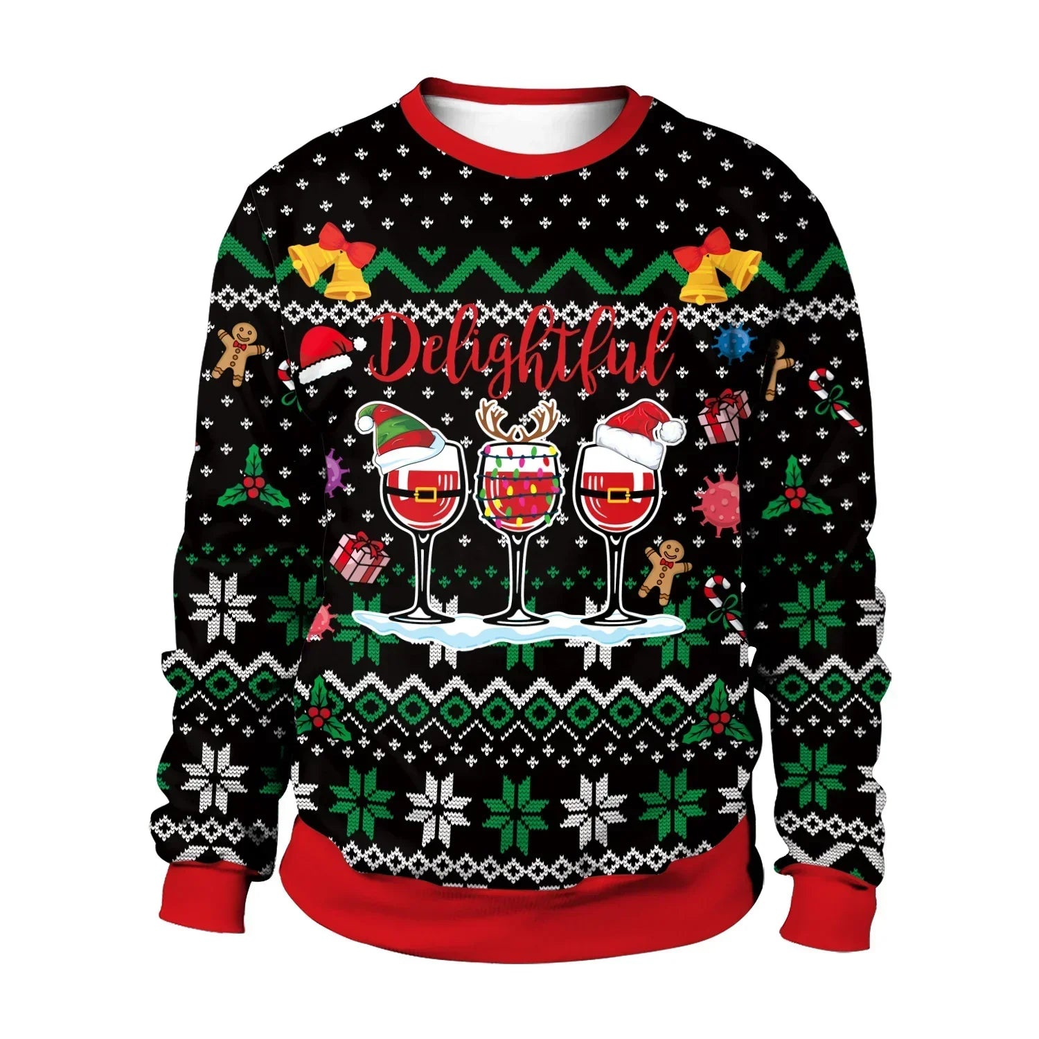 Festive Christmas sweater with black, red, and green colors, holiday patterns, and relaxed fit