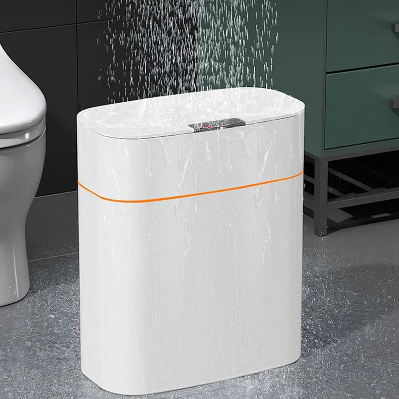 Modern waterproof white bathroom trash can with orange accent and rectangular design