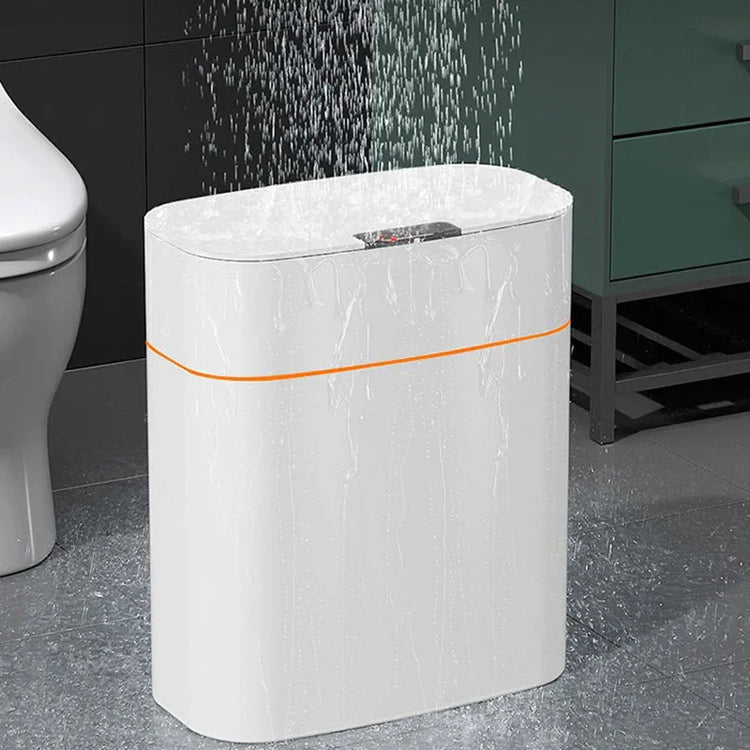 Modern waterproof white bathroom trash can with orange accent and rectangular design