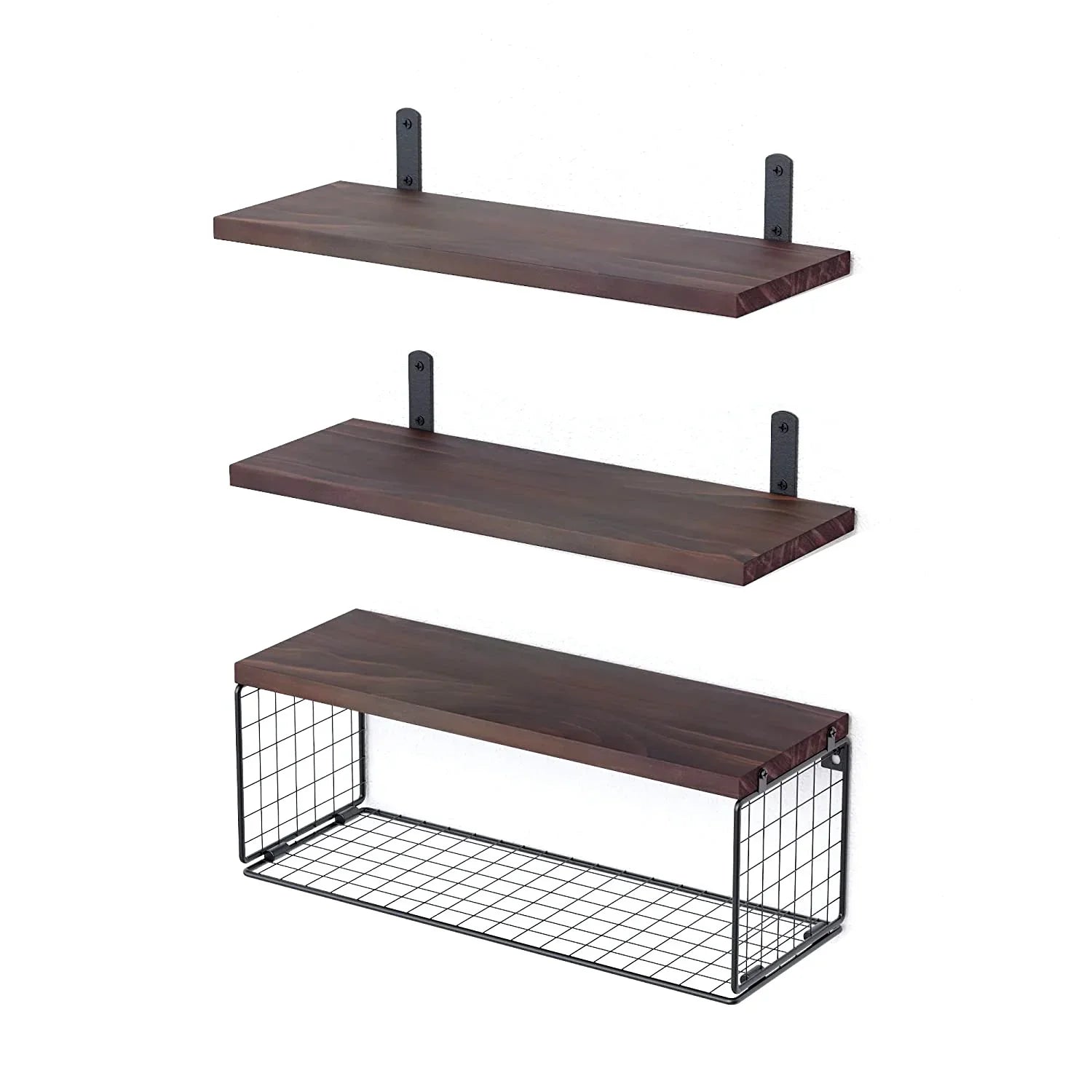 Set of three floating wooden wall shelves, two plain and one with a metal wire basket, modern minimalist style.