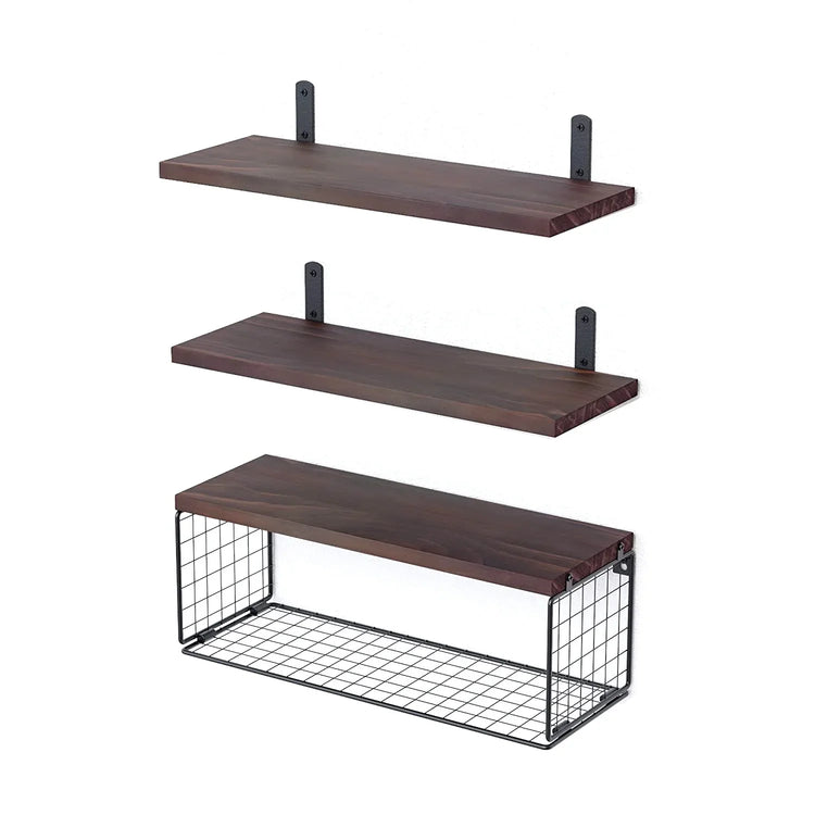 Set of three floating wooden wall shelves, two plain and one with a metal wire basket, modern minimalist style.