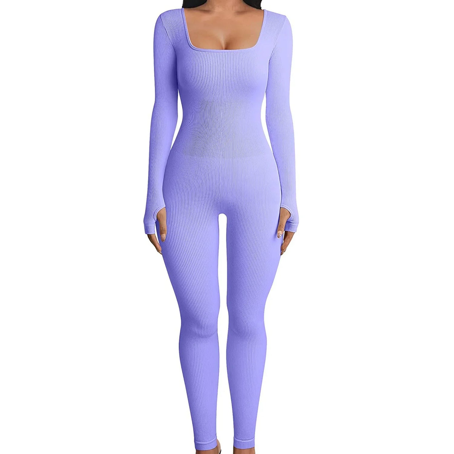 Lilac ribbed long sleeve jumpsuit for women, slim fit, square neckline, stretch fabric