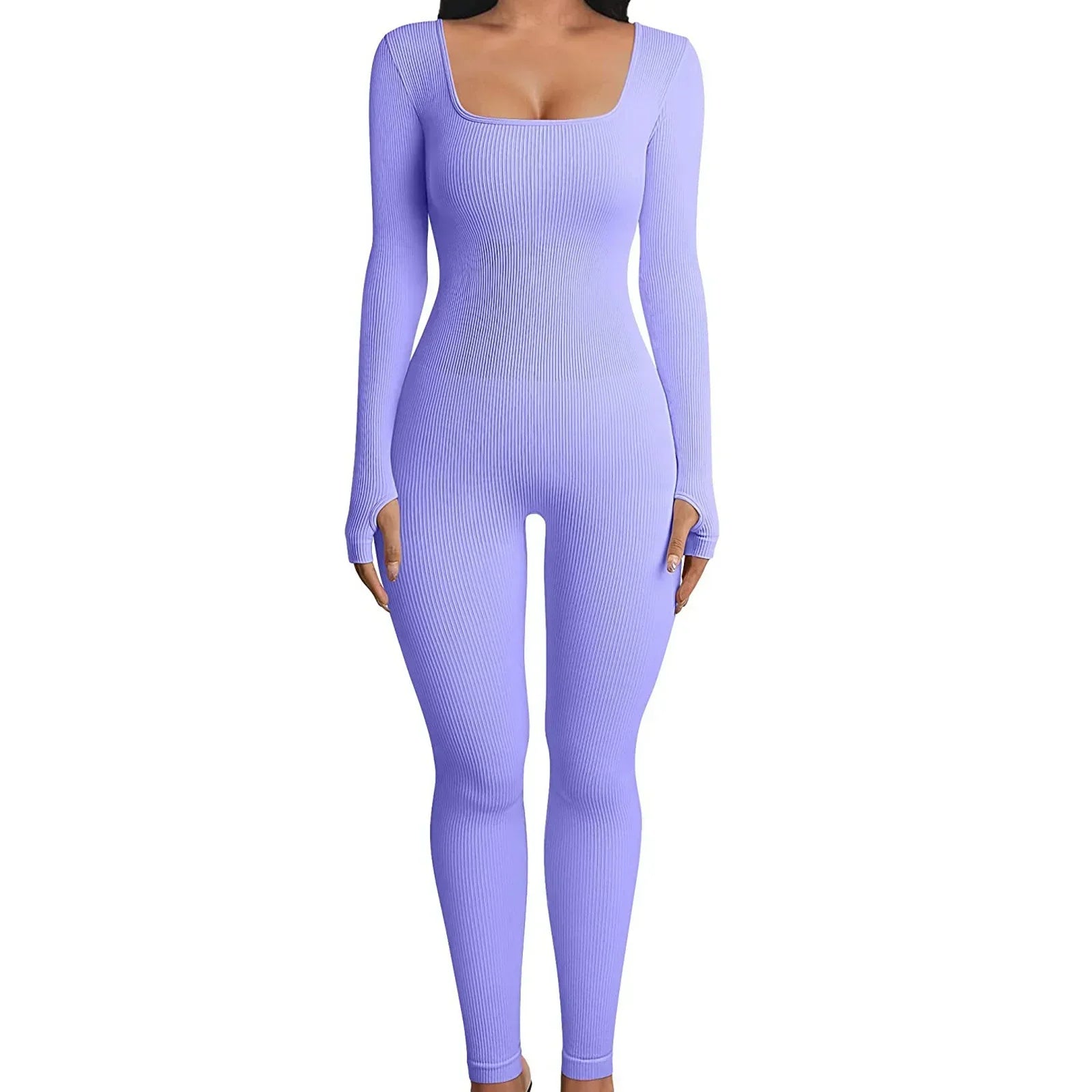 Lilac ribbed long sleeve jumpsuit for women, slim fit, square neckline, stretch fabric