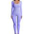 Lilac ribbed long sleeve jumpsuit for women, slim fit, square neckline, stretch fabric