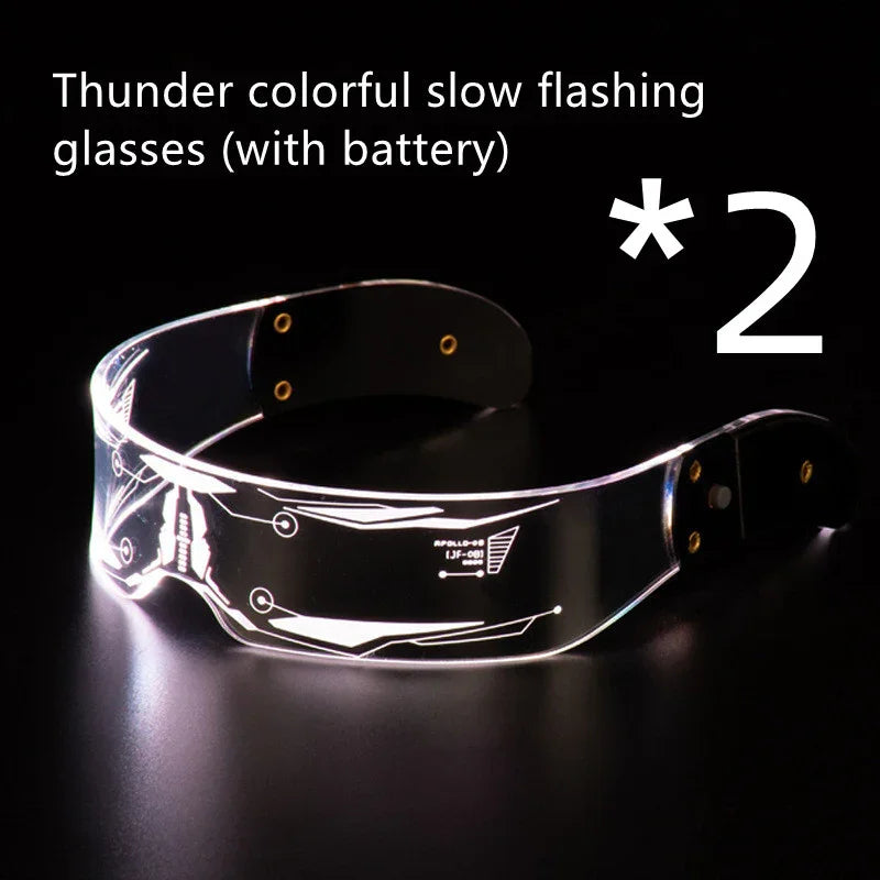 Futuristic clear LED flashing glasses with etched design, curved fit, and black arms