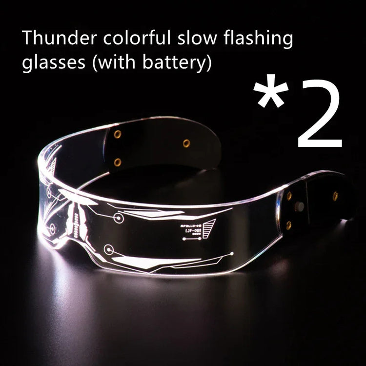 Futuristic clear LED flashing glasses with etched design, curved fit, and black arms