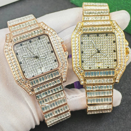 Two square-face wristwatches with gold and rose gold tones, fully iced with crystals, metal link bands