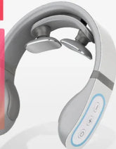 White and gray wearable neck massager with control buttons and ergonomic fit.