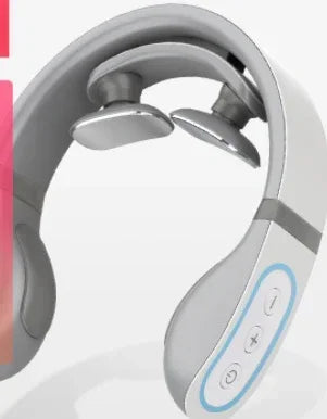 White and gray wearable neck massager with control buttons and ergonomic fit.