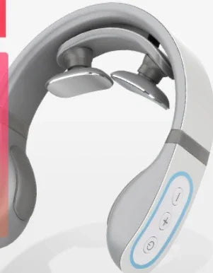 White and gray wearable neck massager with control buttons and ergonomic fit.