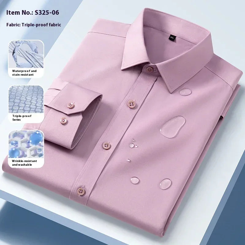 Light pink long sleeve dress shirt with water droplets, wrinkle-resistant, waterproof fabric
