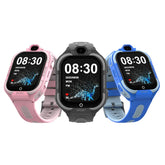 Three smartwatches in pink, black, and blue with silicone bands and large digital displays.