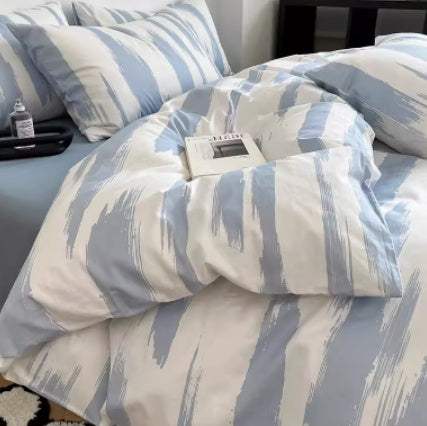 Cotton gradient color bed sheet set with blue and white brush stroke pattern
