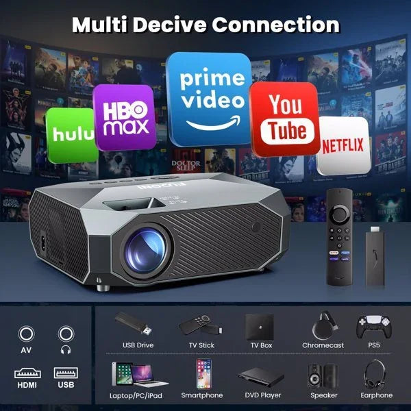 Compact black projector with blue lens, remote control, and multiple streaming app icons, highlighting HDMI and USB connectivity for versatile device compatibility.