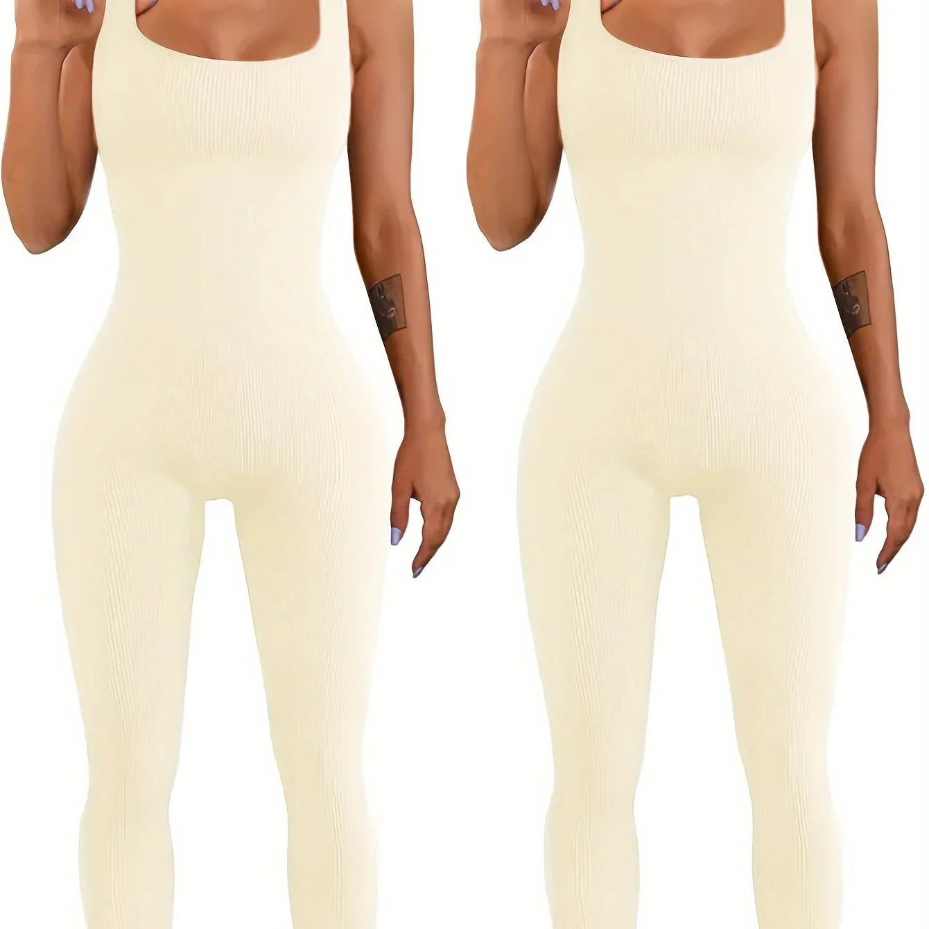 Cream ribbed sleeveless jumpsuit, slim fit, scoop neckline, soft knit material