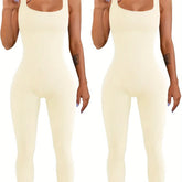 Cream ribbed sleeveless jumpsuit, slim fit, scoop neckline, soft knit material