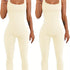 Cream ribbed sleeveless jumpsuit, slim fit, scoop neckline, soft knit material