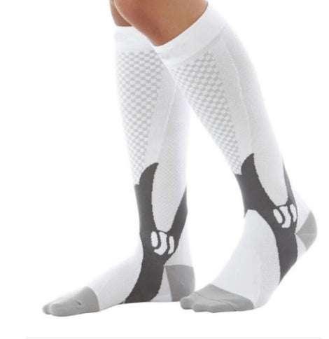 White knee-high athletic socks with black and gray accents, breathable mesh, snug fit