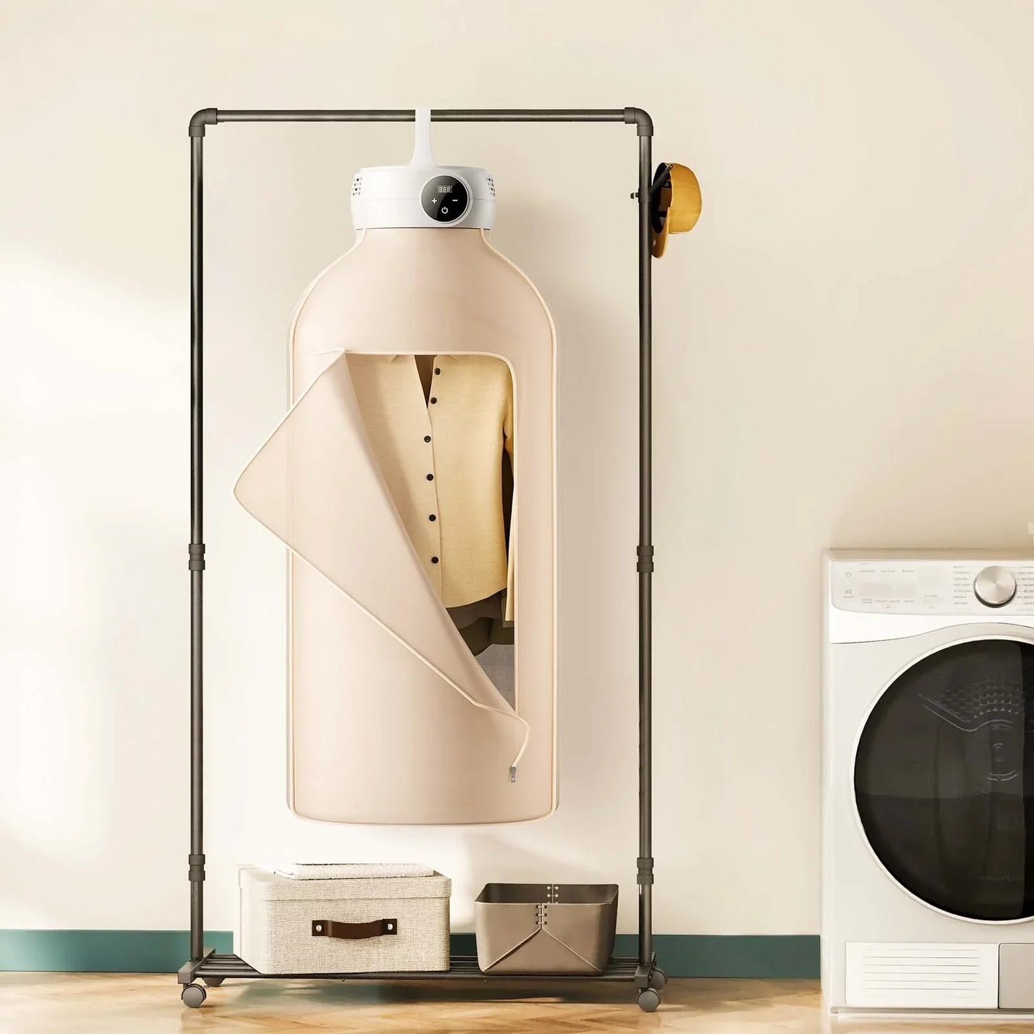 Beige button-up shirt hanging in a garment steamer closet, minimalist laundry room setting