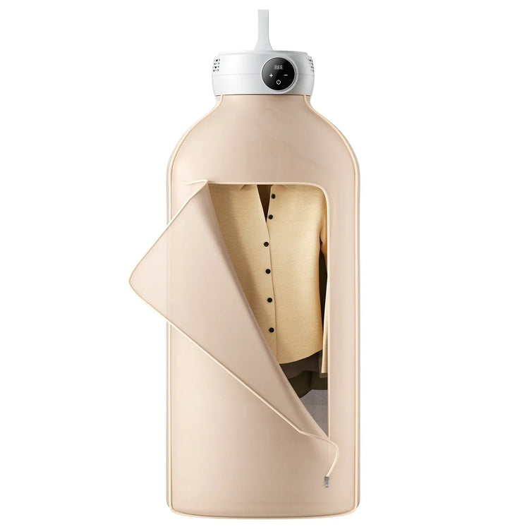 Beige button-up shirt in a portable garment steamer bag, modern minimalist style