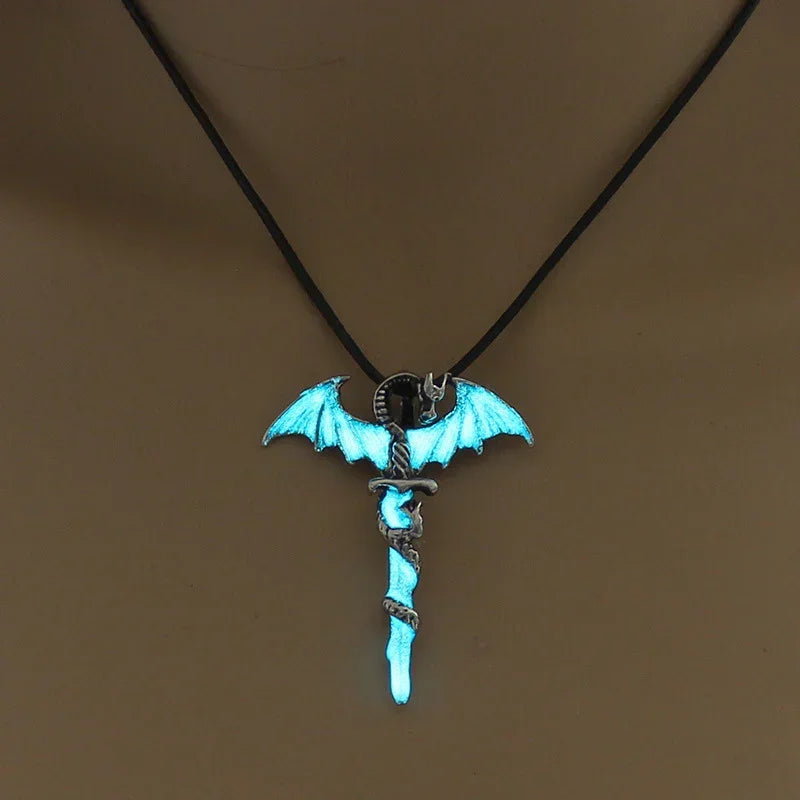 Black cord necklace with glowing blue dragon and sword pendant, gothic streetwear accessory