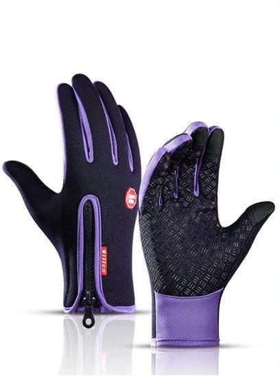 Black and purple zippered gloves with non-slip palm, slim fit streetwear style