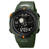 Green digital sports watch with cartoon astronaut display, durable resin strap, casual fit