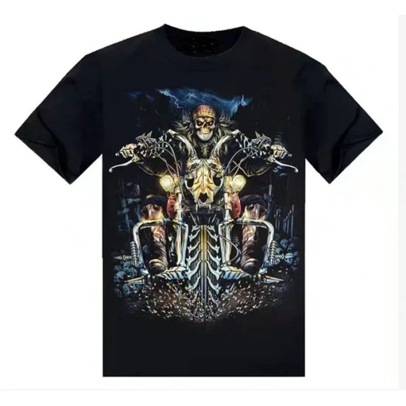 Black streetwear t-shirt with bold skull biker graphic, regular fit, cotton material