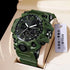 Rugged green digital-analog sports watch with textured resin band and multiple function buttons