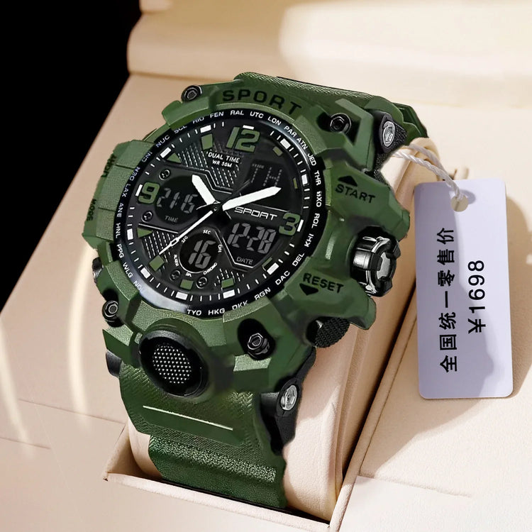 Rugged green digital-analog sports watch with textured resin band and multiple function buttons