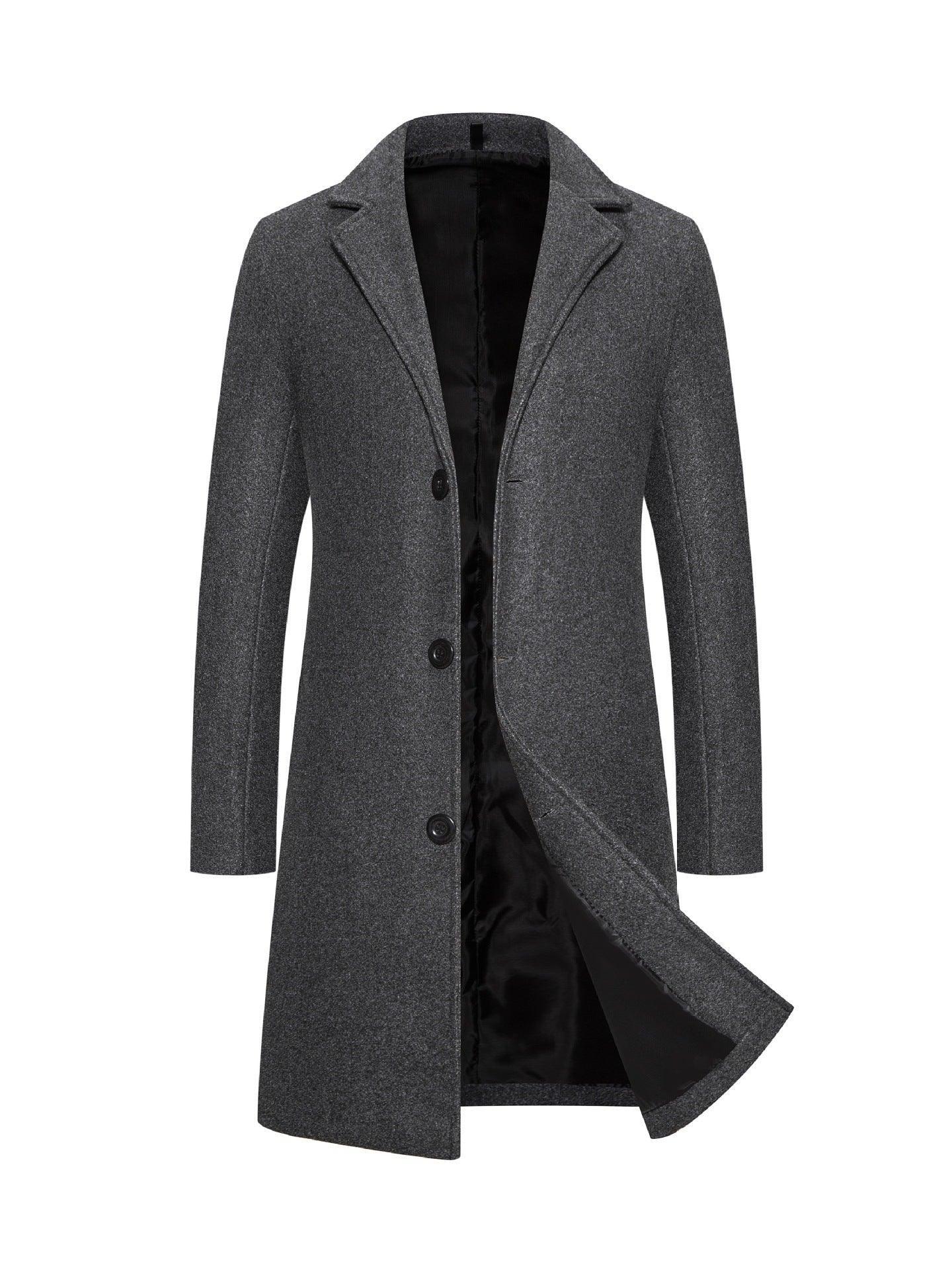 Men's slim-fit grey wool overcoat with notch lapel and button closure, modern streetwear style