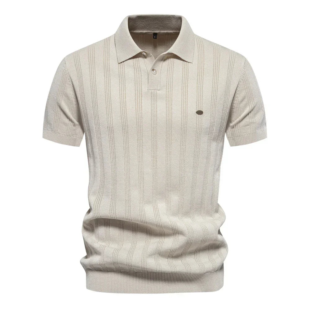 Beige knit polo shirt with vertical textured stripes, short sleeves, and slim fit.