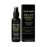 Herbal delay spray in black bottle with green text, product box beside, 30ml size