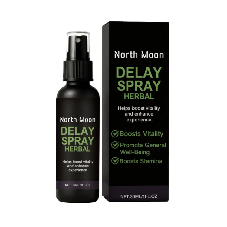 Herbal delay spray in black bottle with green text, product box beside, 30ml size