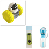 Robot toy with large yellow wheels, green paw print waste bag roll, and blue portable water bottle.