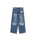Wide-leg blue denim jeans with heavy distressing and ripped details, relaxed fit.