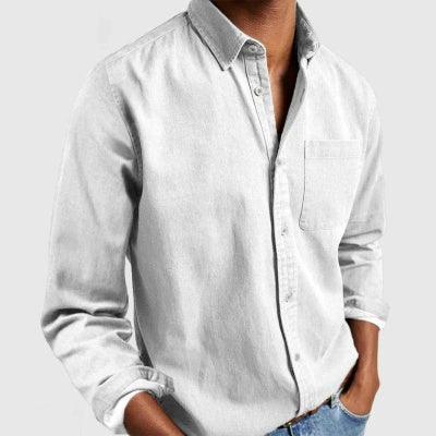 Men's light grey long sleeve button-up shirt with chest pocket, classic fit, cotton material.