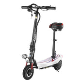 Black and white electric scooter with padded seat, front suspension, and street-ready tires.