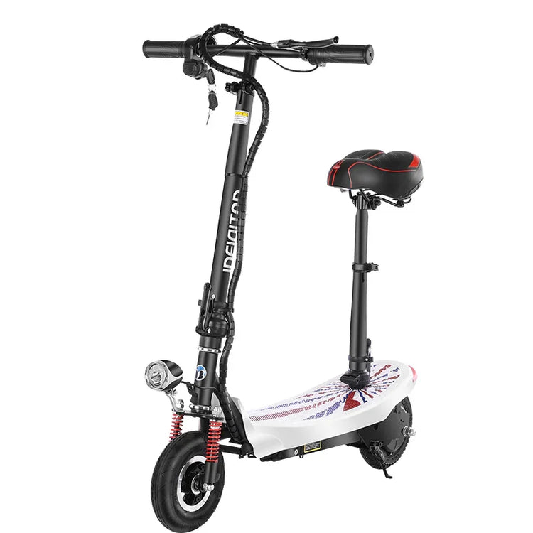 Black and white electric scooter with padded seat, front suspension, and street-ready tires.