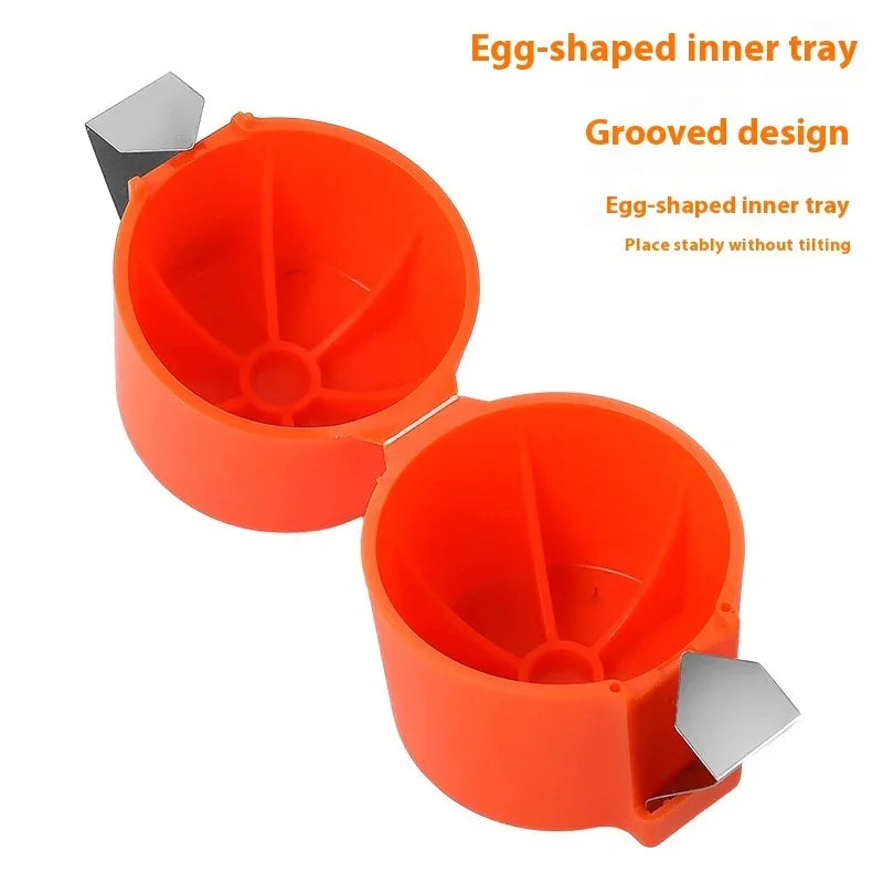 Orange silicone egg-shaped kitchen tray with grooved design and metal clips, open view