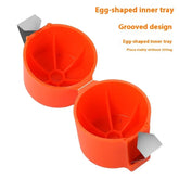 Orange silicone egg-shaped kitchen tray with grooved design and metal clips, open view