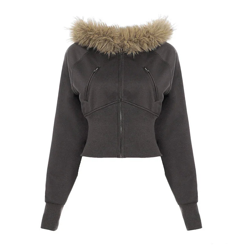 Cropped dark gray zip-up jacket with long sleeves and faux fur collar, fitted style