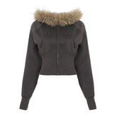 Cropped dark gray zip-up jacket with long sleeves and faux fur collar, fitted style