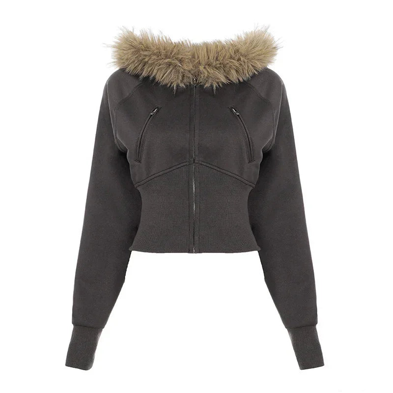 Cropped dark gray zip-up jacket with long sleeves and faux fur collar, fitted style